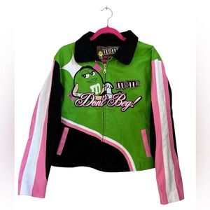 Vintage Y2K M&M’s “Don’t Beg” Racing Jacket in Green, Pink & Black Size 2XL